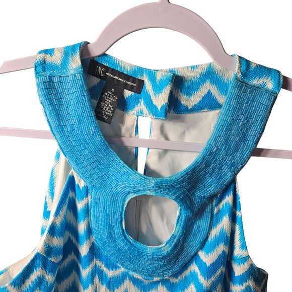 INC Blue & White Chevron Sleeveless Keyhole Back Dress Size 8 Cotton Blend - Picture 2 of 6